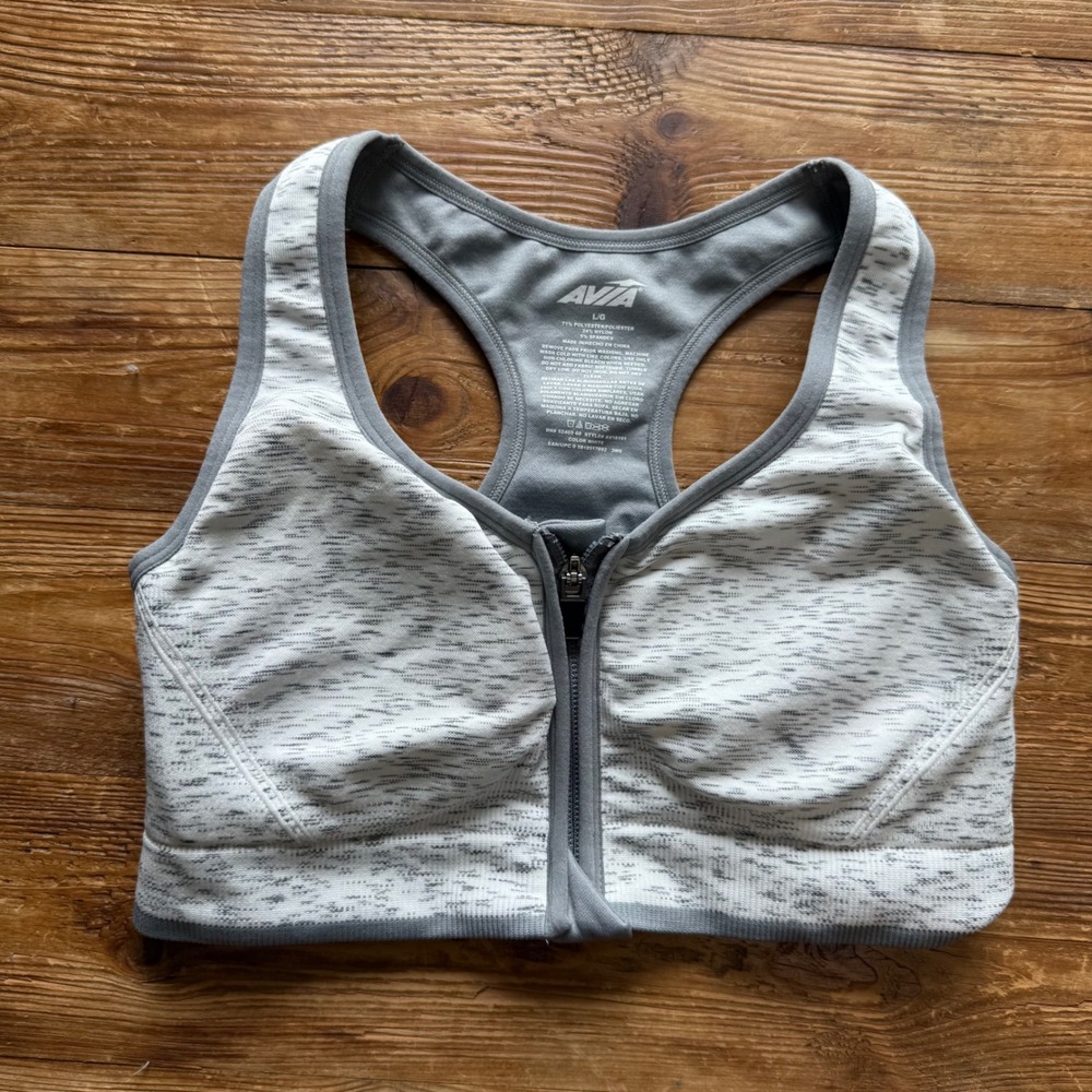 Avia Womens Zip Front Racerback Sports Bra Gray White Space Dye Large EUC